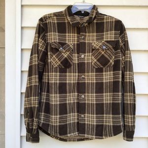 Eddie Bauer Fleece Shirt Jacket Boy 14/16 Brown Yellow Plaid Shacket Sherpa